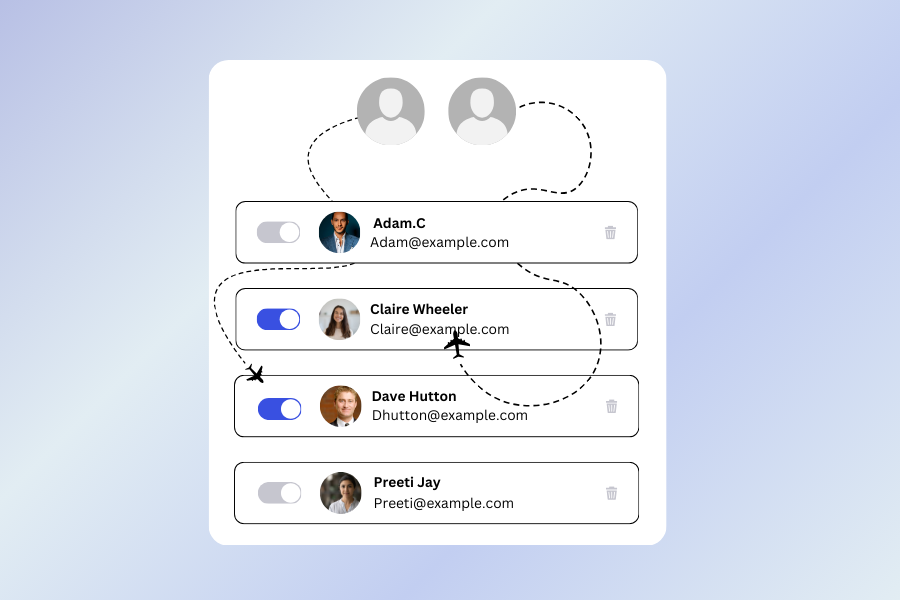 Illustration of four team members and prospects connected by arrows representing meeting routing