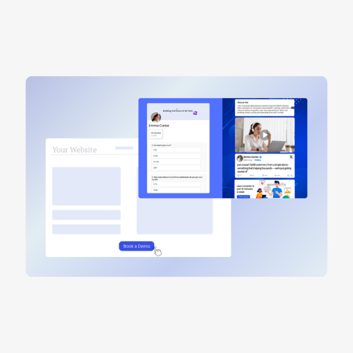 Warmcal booking page displayed beside a website, showing it can be embedded anywhere