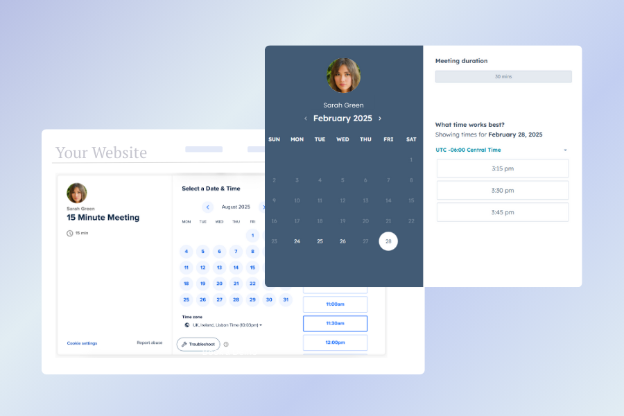 Calendly and HubSpot plain booking pages shown for comparison.