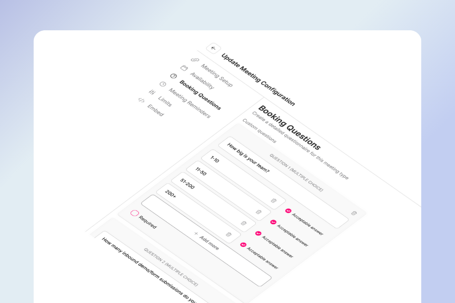 Warmcal meeting settings showing qualifying questions for scheduling.
