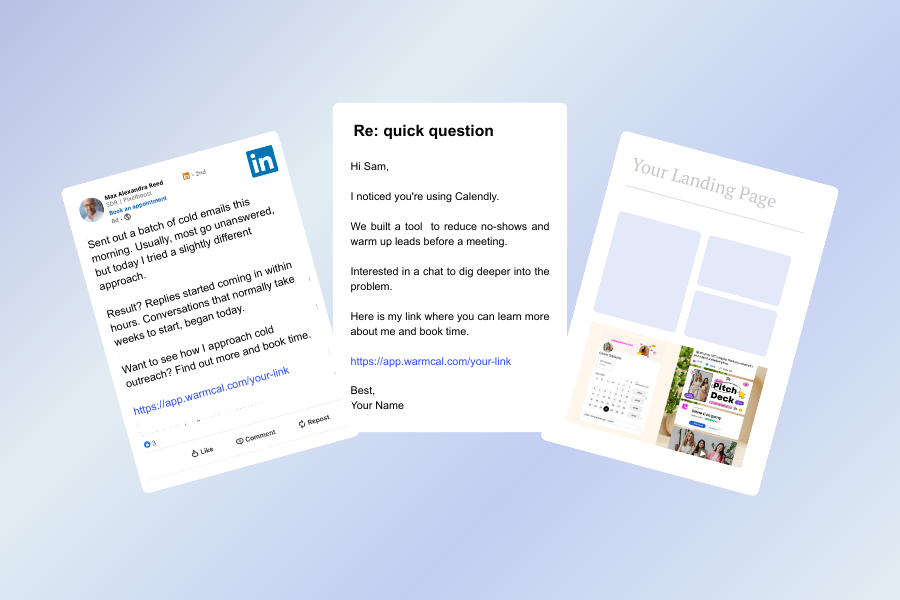 Examples of Warmcal used in LinkedIn messages, emails, and embedded booking pages