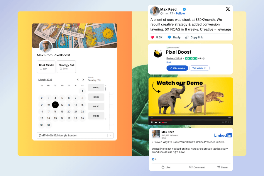 Example of Warmcal booking page showing video, testimonials, and social proof elements.