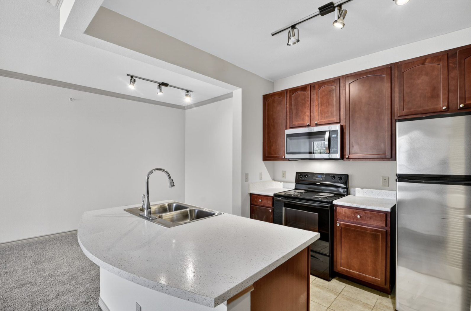 Kitchen with brown cabinets