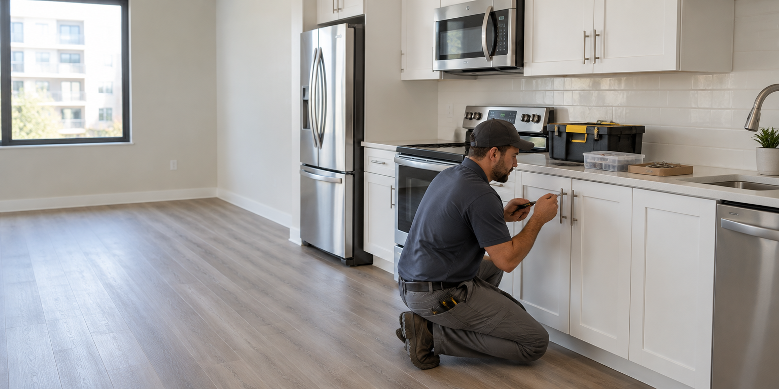 A maintenance technician replaces cabinet hardware in an apartment kitchen with standardized finishes during a unit turn