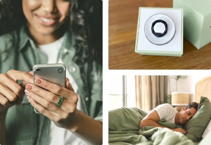 Collage of three images showing a smiling woman using a smartphone with a black smart ring, the smart ring in its yellow box on a wooden surface, and a man sleeping peacefully wearing a yellow shirt.