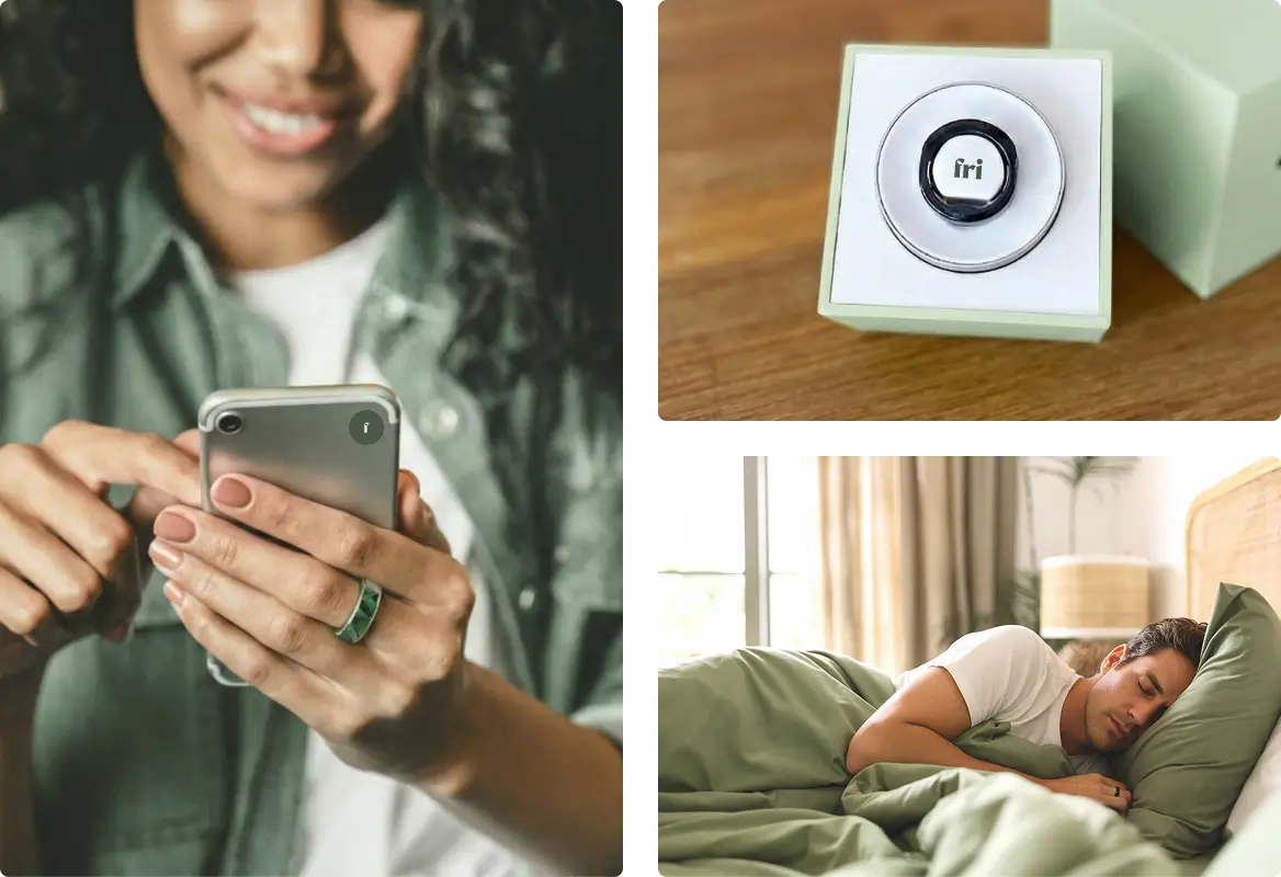 Collage of three images showing a smiling woman using a smartphone with a black smart ring, the smart ring in its yellow box on a wooden surface, and a man sleeping peacefully wearing a yellow shirt.