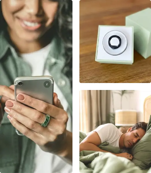Collage of three images: a person using a smartphone, a black smart ring displayed in a yellow box, and a man sleeping on a pillow.