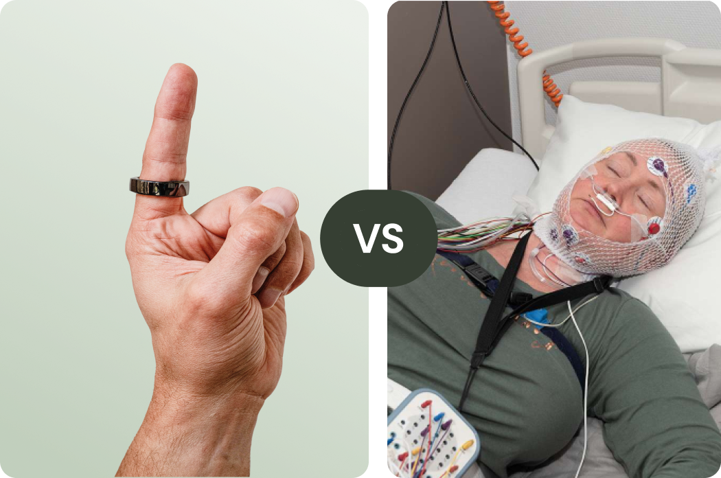 Left side shows a hand with a black ring on the middle finger raised against a green background, right side shows a person lying in a hospital bed with electrodes and wires attached to their head and chest for medical monitoring.