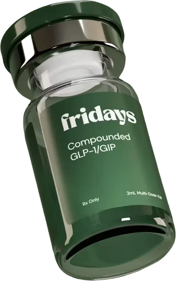 Green vial labeled 'fridays compounded GLP-1/GIP Rx only 2mL Multi-Dose Vial' with a reflective black cap.