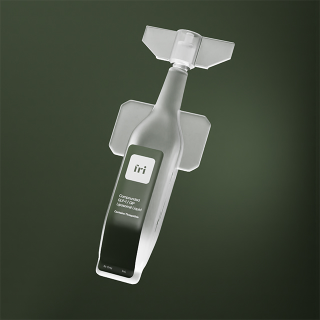 Bottle labeled 'fri' containing compounded GLP-1/GIP liposomal liquid medication with tamper-evident seal.