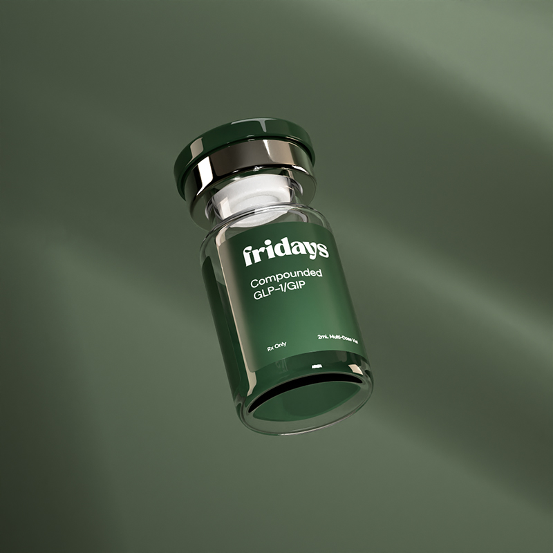Glass vial labeled 'fridays compounded GLP-1/GIP' with a green cap against a matching green background.