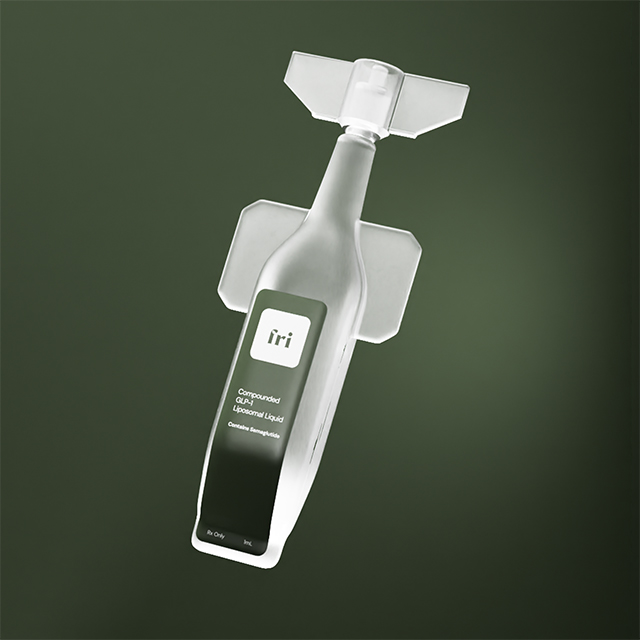 Gray and white medical ampule labeled 'iri' against dark green background.