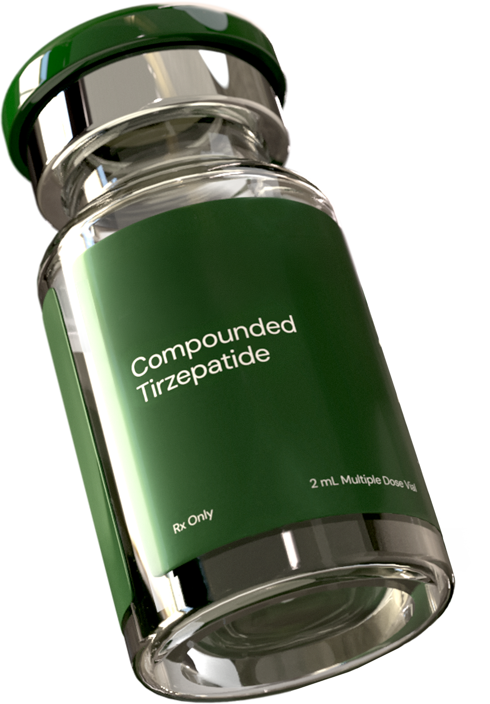 Green vial labeled 'fridays compounded GLP-1/GIP Rx only 2mL Multi-Dose Vial' with a reflective black cap.
