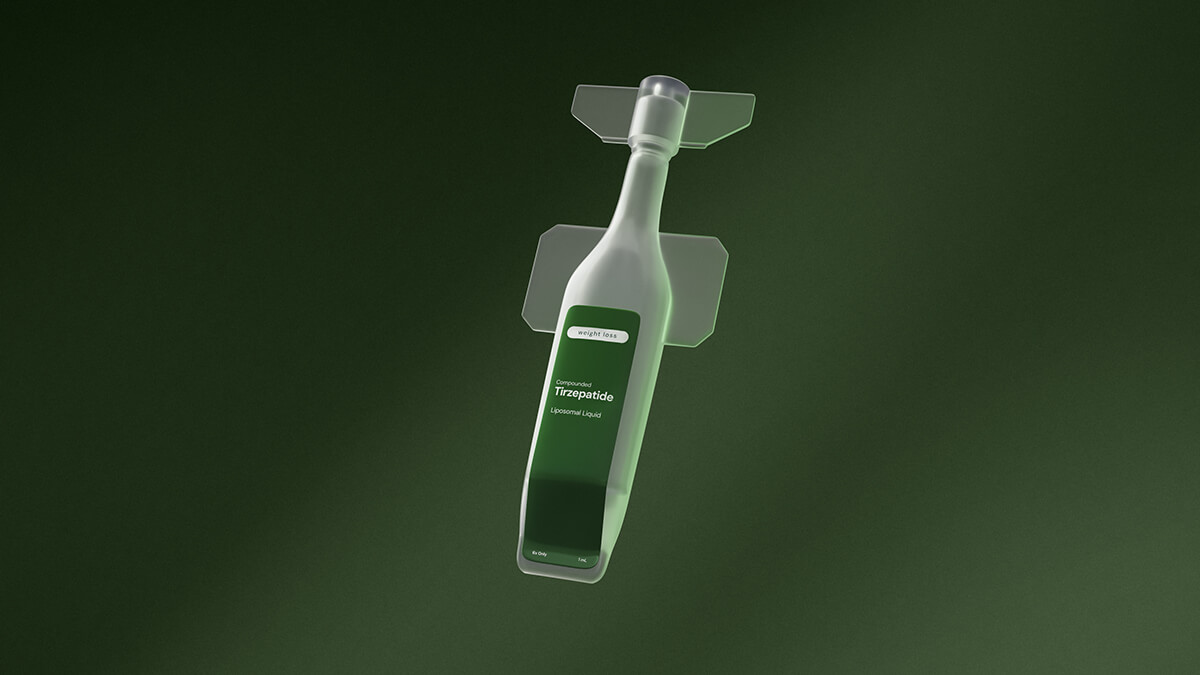 Bottle labeled 'fri' containing compounded GLP-1/GIP liposomal liquid medication with tamper-evident seal.