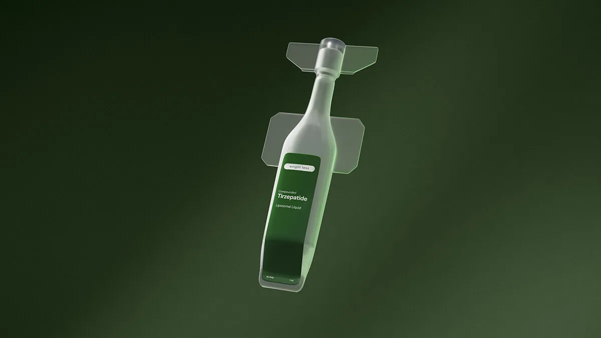 Frasco etiquetado como 'fri' que contiene medicamento líquido liposomal compuesto de GLP-1/GIP con sello de seguridad.