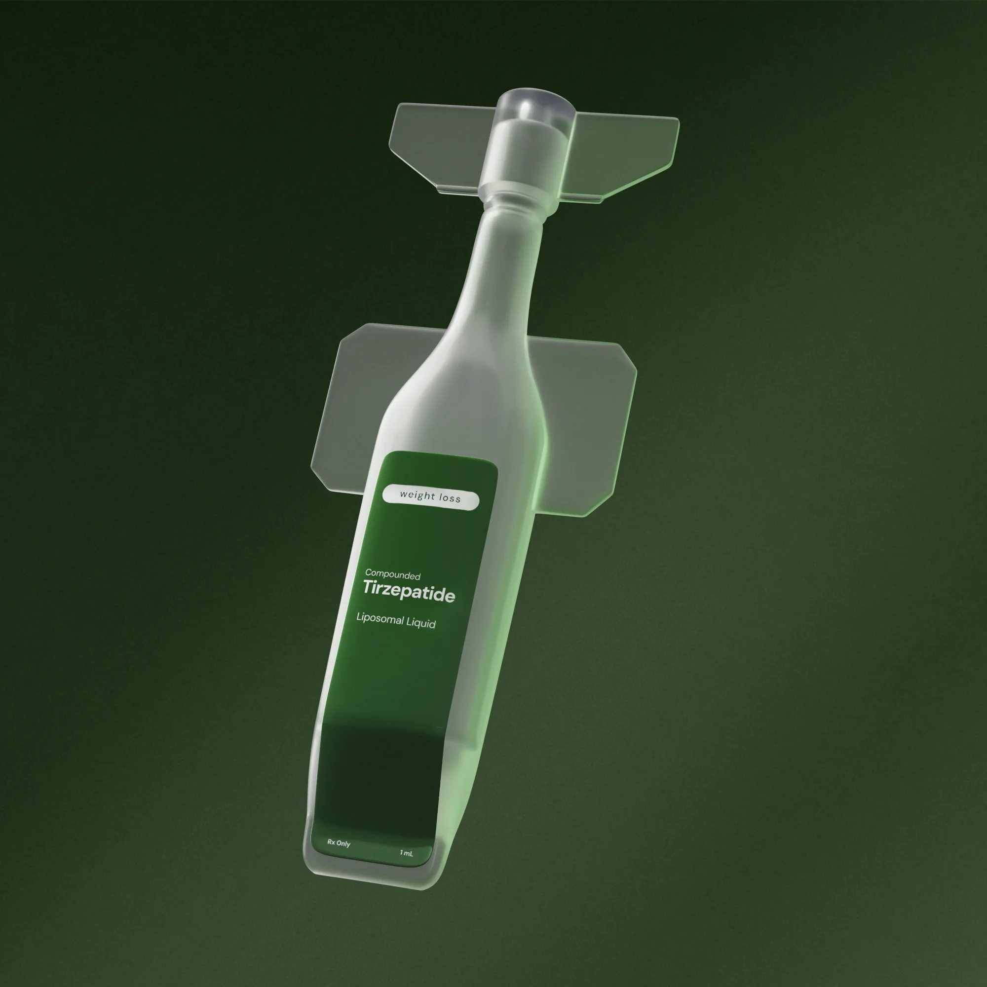 Bottle labeled 'fri' containing compounded GLP-1/GIP liposomal liquid medication with tamper-evident seal.