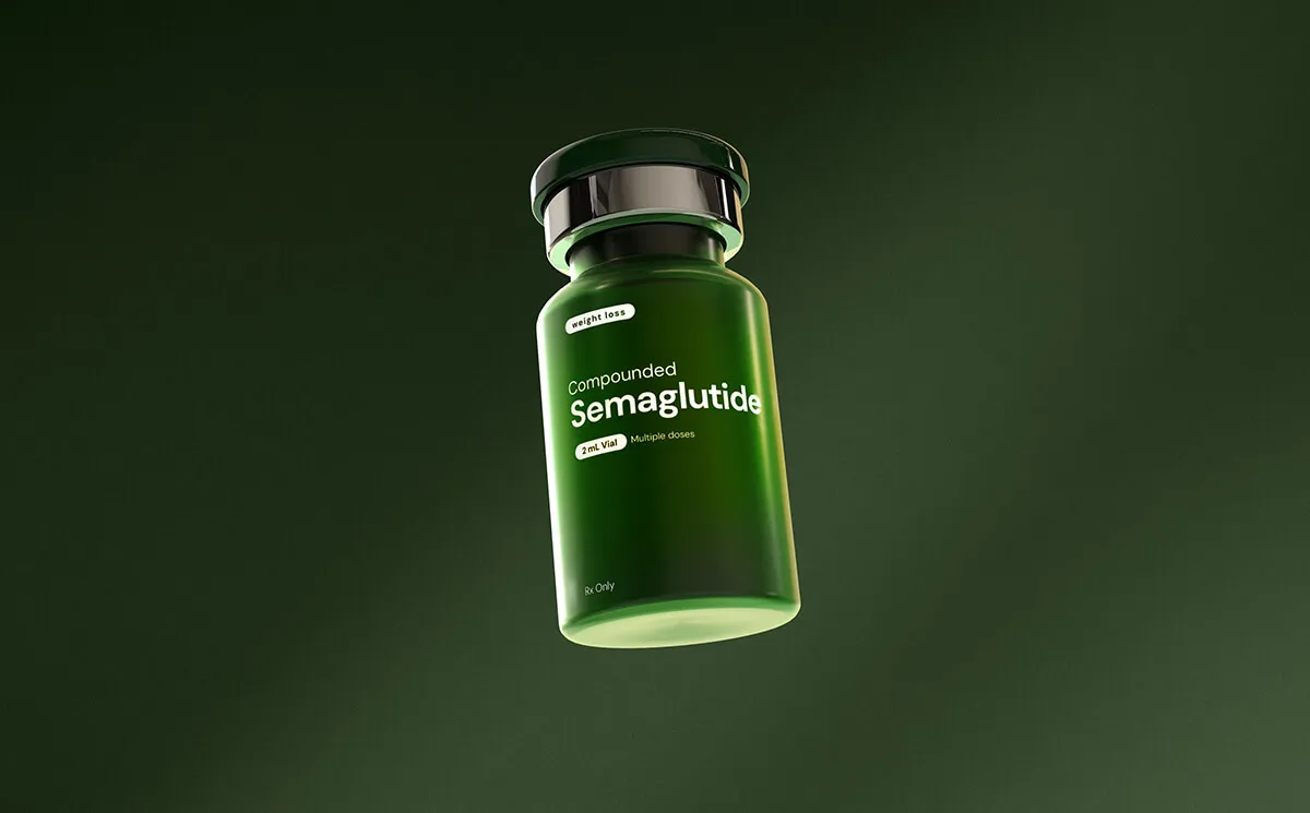 Compounded GLP-1 vial on a green background
