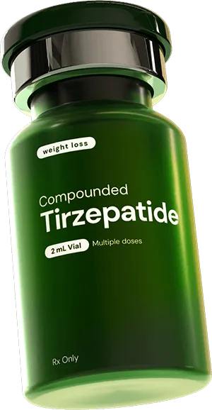Green vial labeled 'fridays compounded GLP-1/GIP Rx only 2mL Multi-Dose Vial' with a reflective black cap.