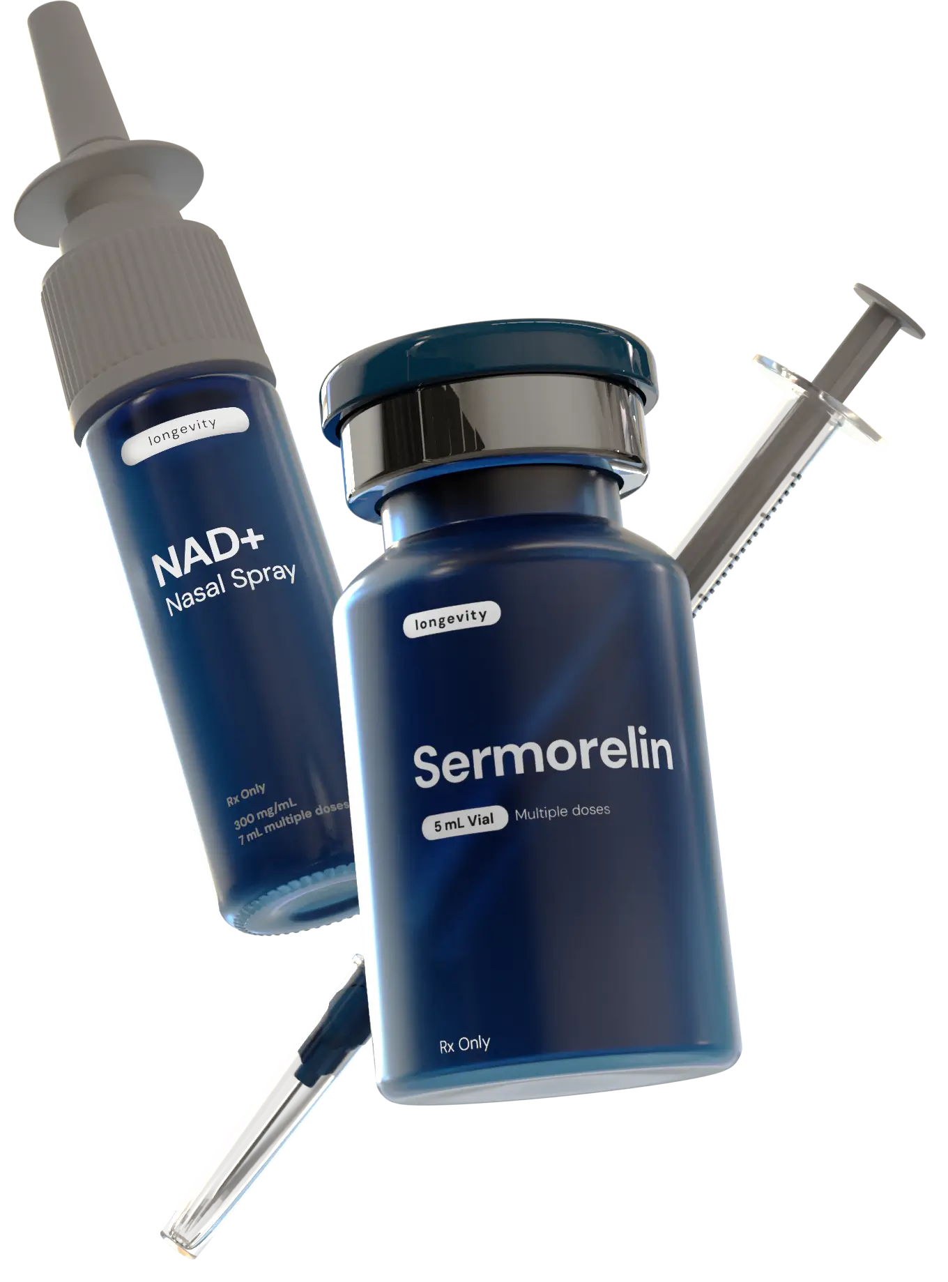 A sermorelin vial, a Nad+ Nasal Spray an d a jeringue floating in the air together