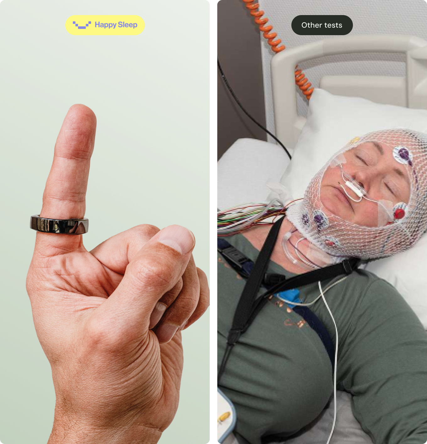 Close-up of a hand with the index finger pointing up, wearing a black ring on the finger against a white background.