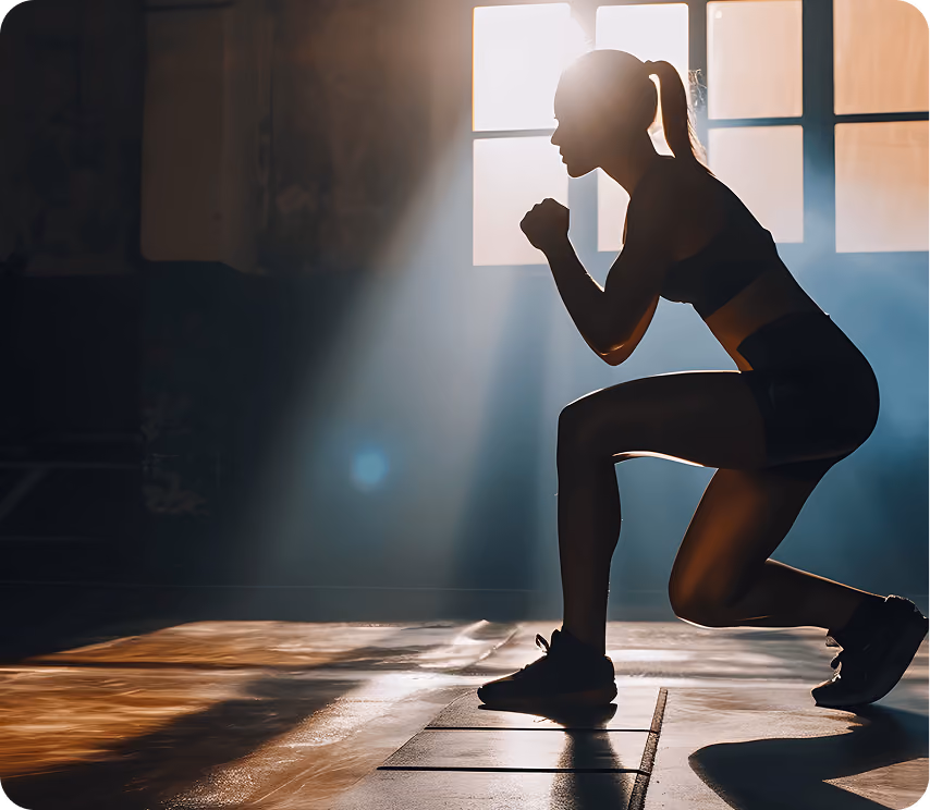 Silhouette of a woman doing lunges exercise on a mat with sunlight coming through a window.