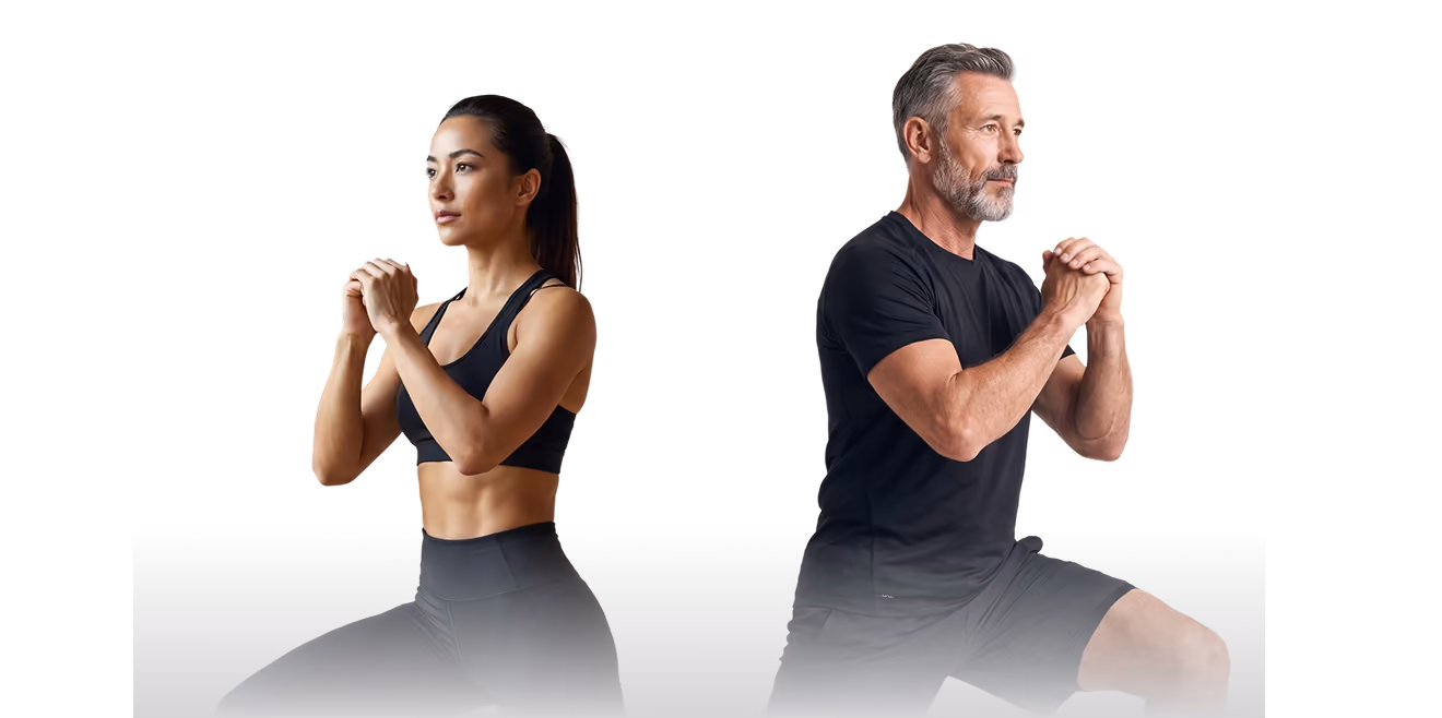 Woman and man doing squats in workout clothes