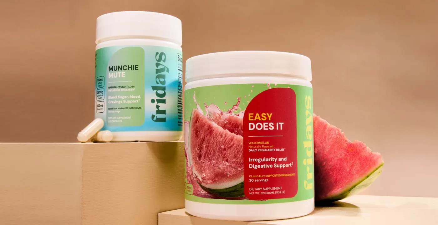 Gut Balance bundle: Glow Gut and Easy Does It supplement tubs on a tan backdrop