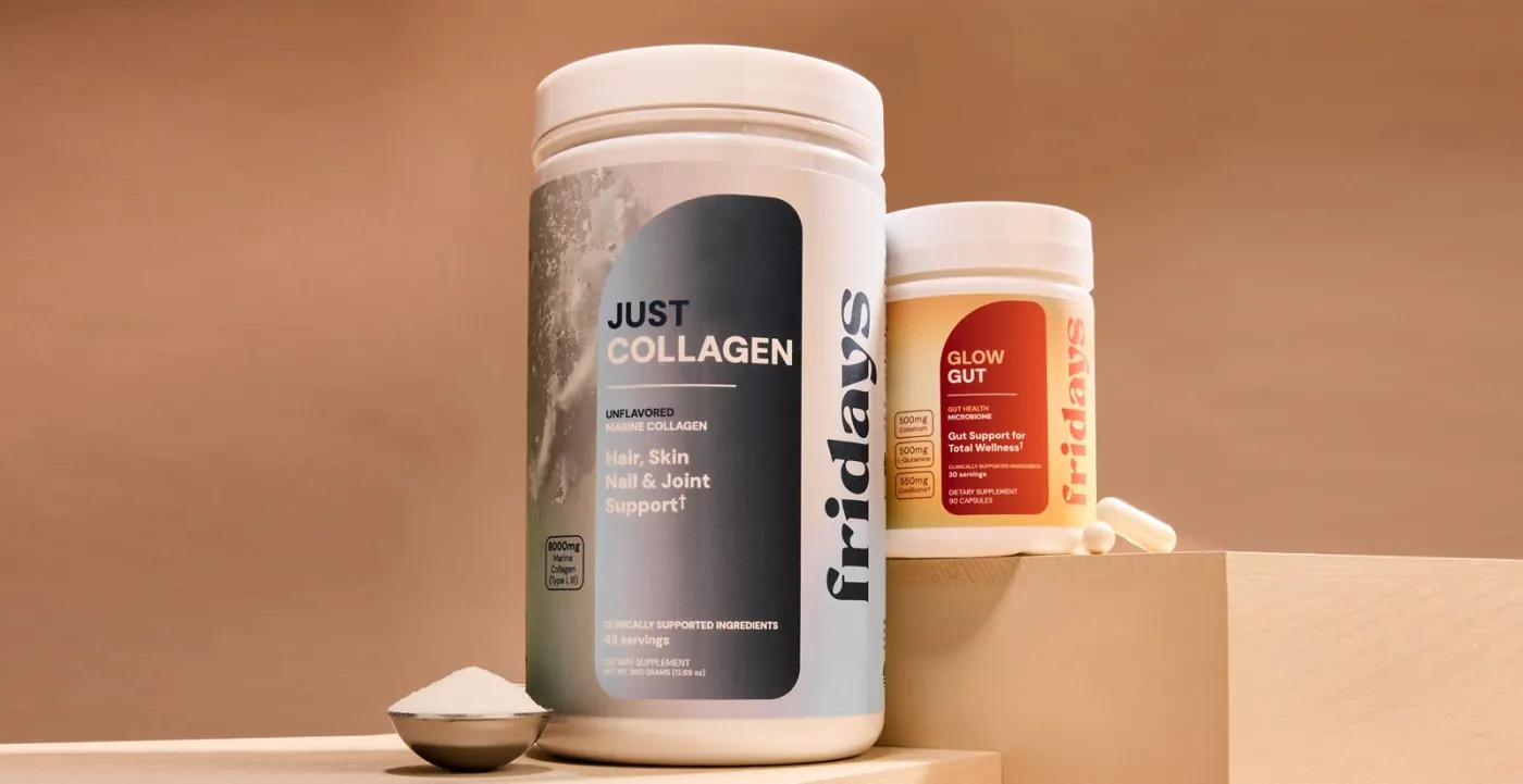 Glow from Within bundle: Glow Gut and Just Collagen supplement tubs on a tan backdrop