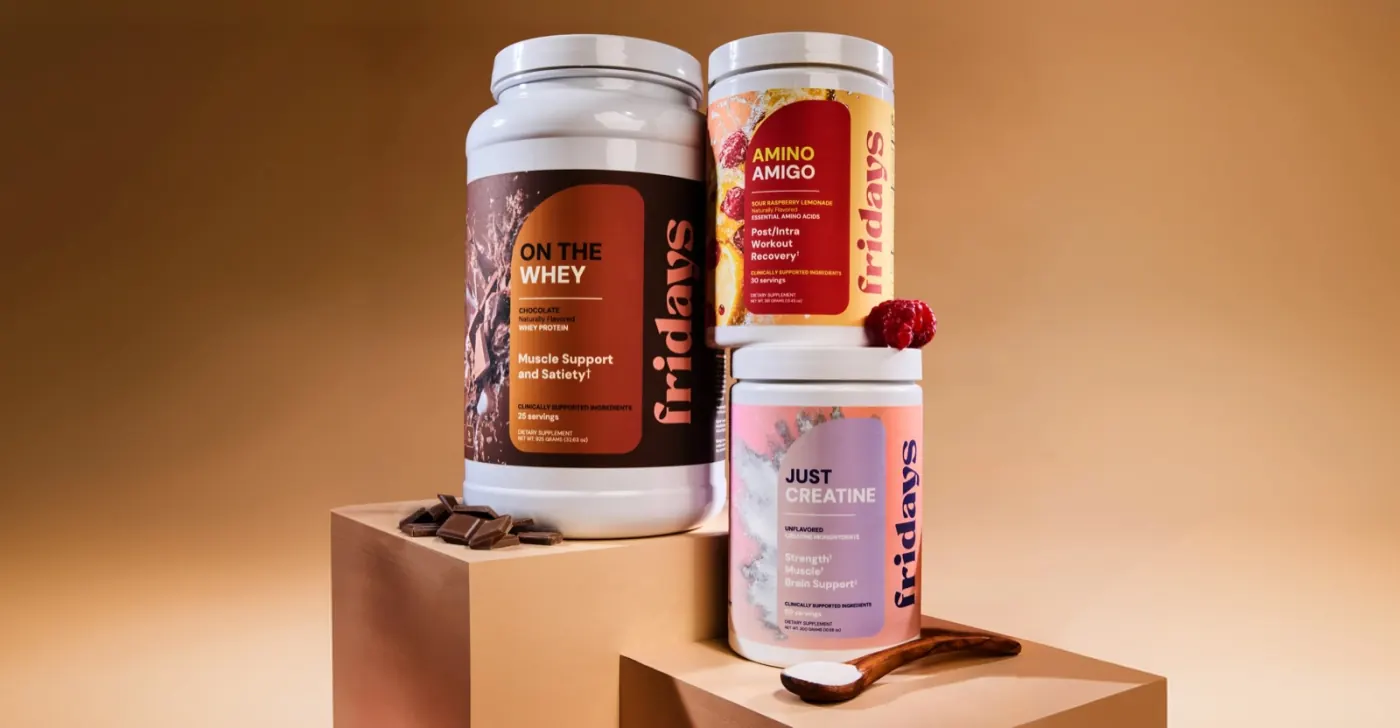 Muscle Essentials Pro bundle: On The Whey, Just Creatine and Amino Amigo supplement tubs