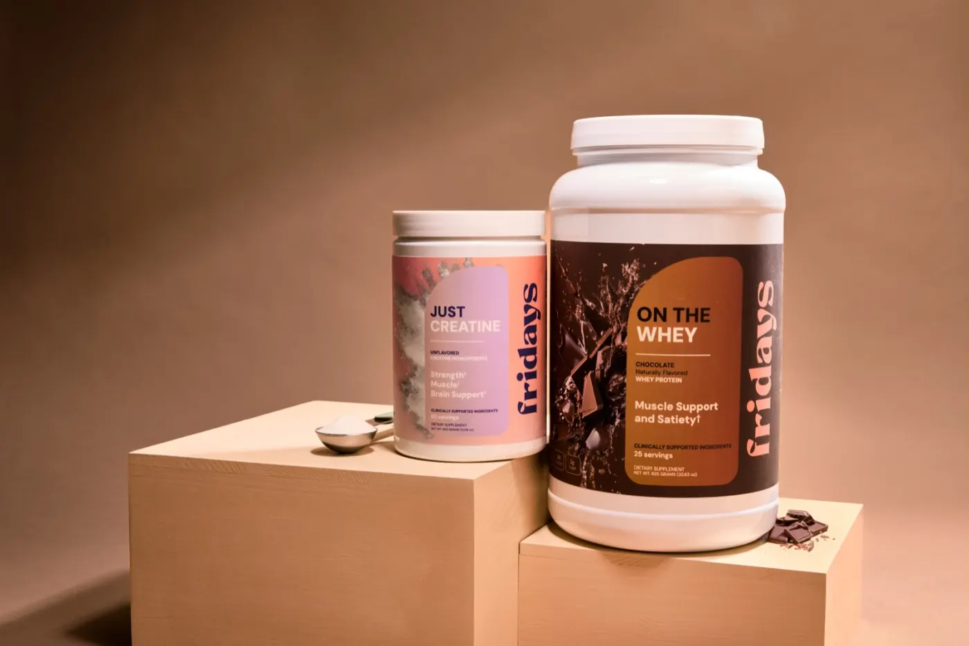 Muscle Essentials bundle: On The Whey protein and Just Creatine supplement tubs