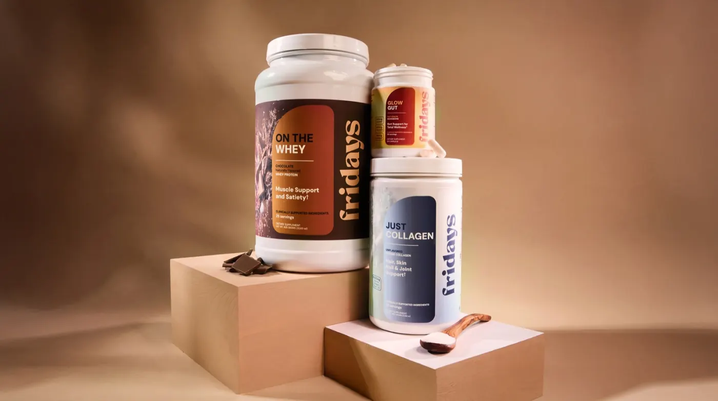 Renewal Support bundle: On The Whey, Glow Gut and Just Collagen supplements arranged on pedestals