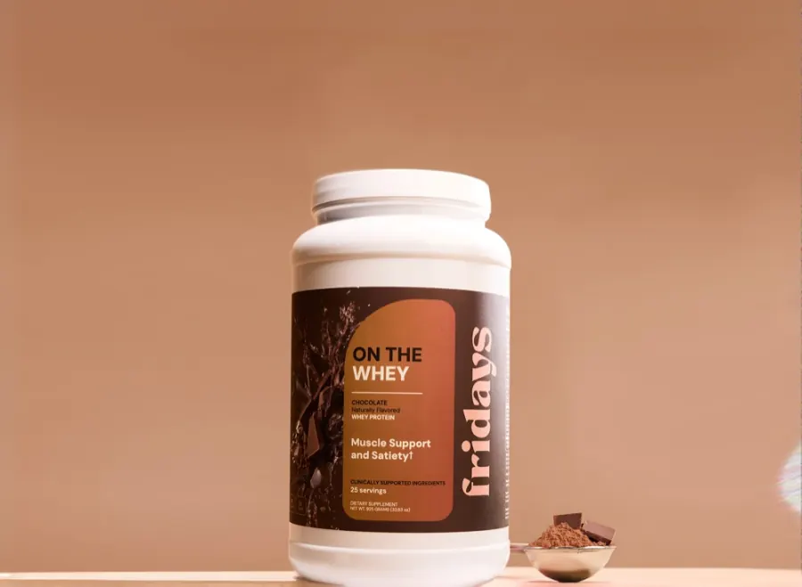 On The Whey protein powder tub by Fridays