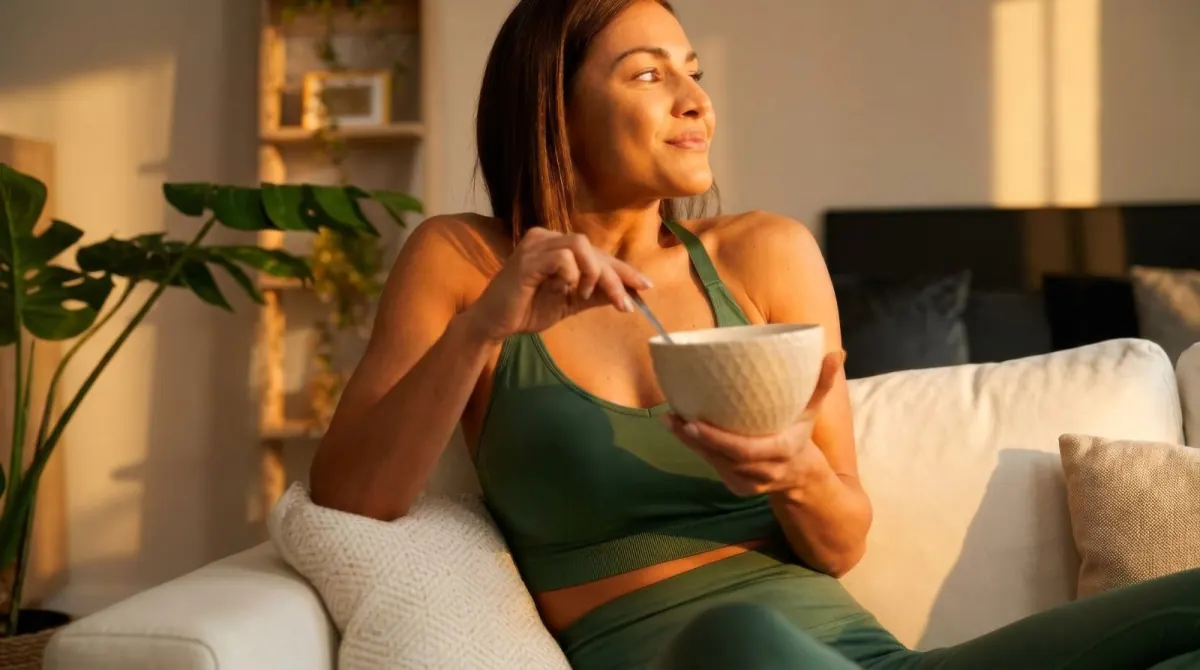 Woman relaxing on a sofa eating a healthy bowl of food