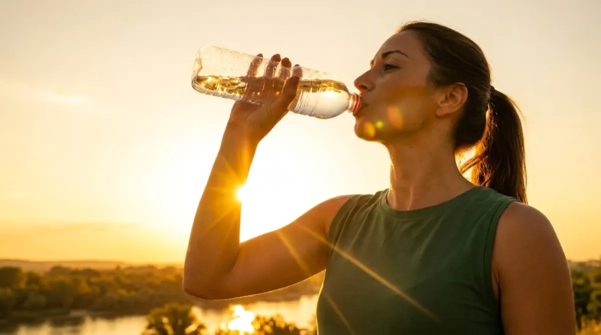 Woman drinking a glass of water in warm sunlight