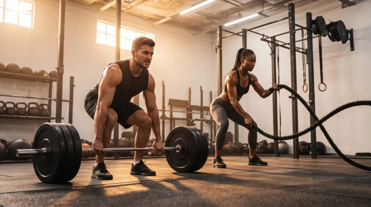 Man and woman strength training in a gym with a barbell and battle ropes
