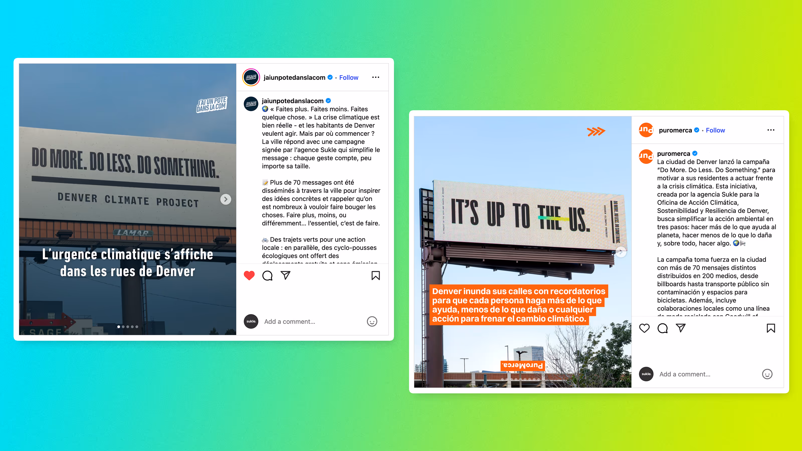 2 international social posts on a light blue to green Denver Climate Project gradient background