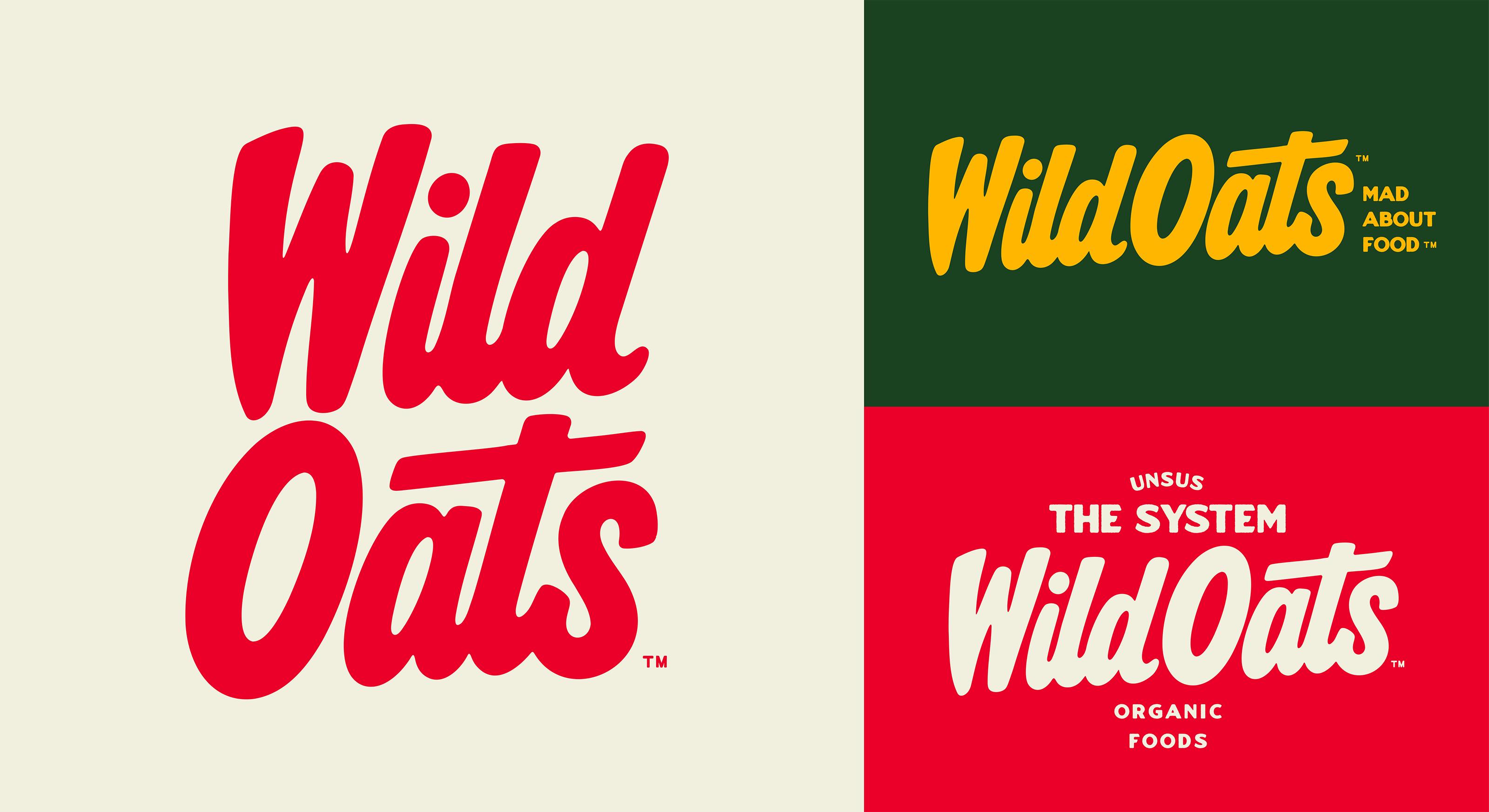 Three variations of Wild Oats logos: large red script on cream background, yellow script with 'Mad About Food' on dark green background, and white script with 'Unsus The System Organic Foods' on red background.