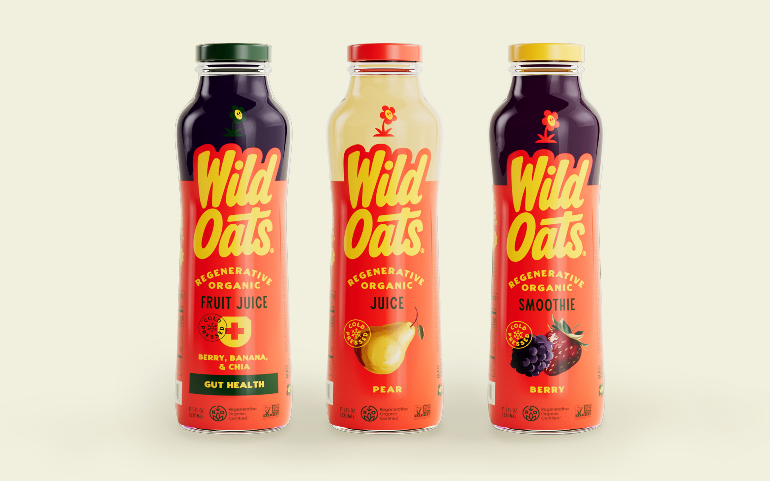 Three Wild Oats regenerative organic juice bottles: Fruit Juice with berry, banana & chia, Pear Juice, and Berry Smoothie.