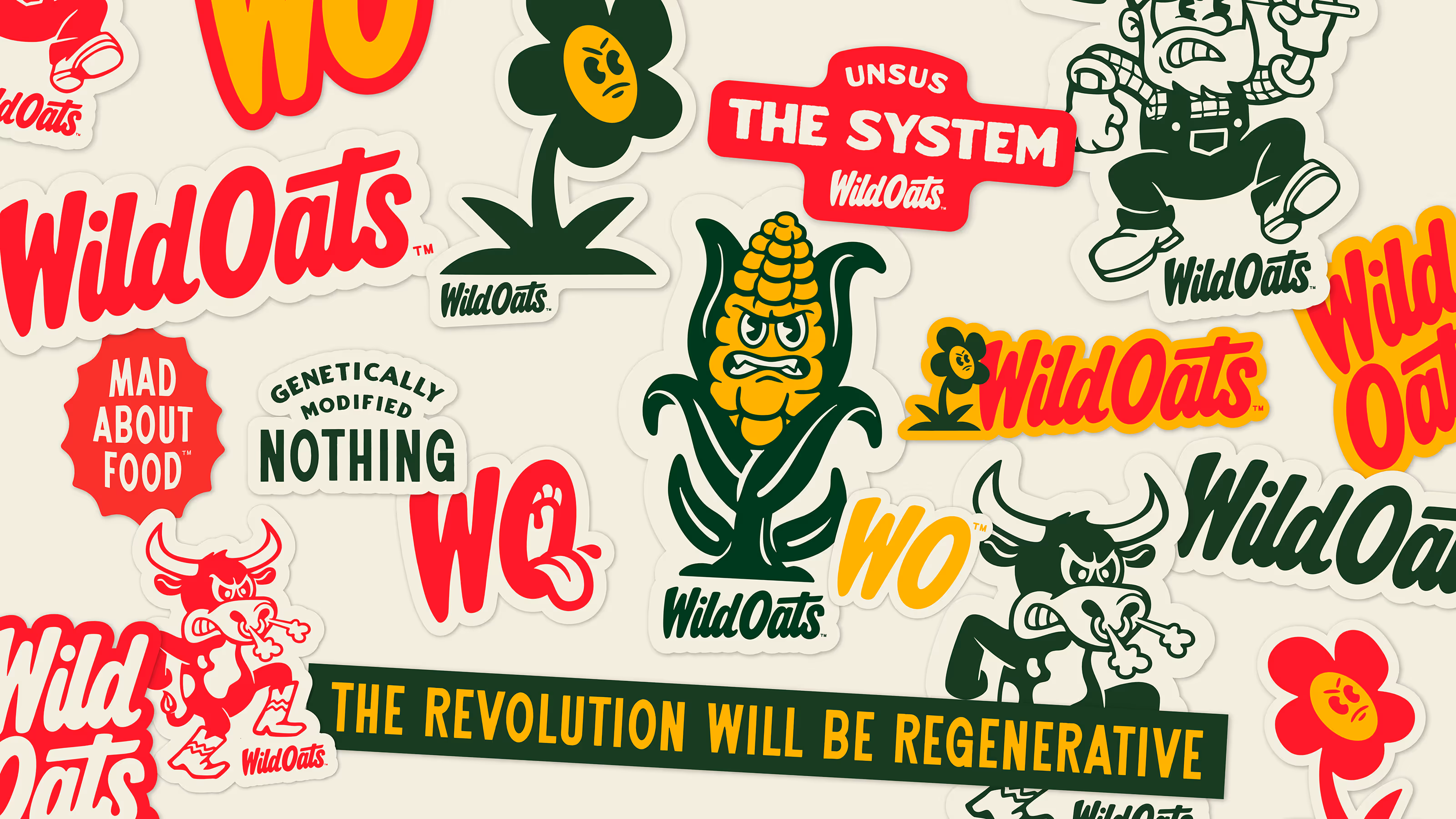 Collage of Wild Oats stickers featuring angry corn and bull characters, flowers, slogans like 'Mad About Food,' 'Genetically Modified Nothing,' 'The Revolution Will Be Regenerative,' and various Wild Oats logos in red, yellow, and green.