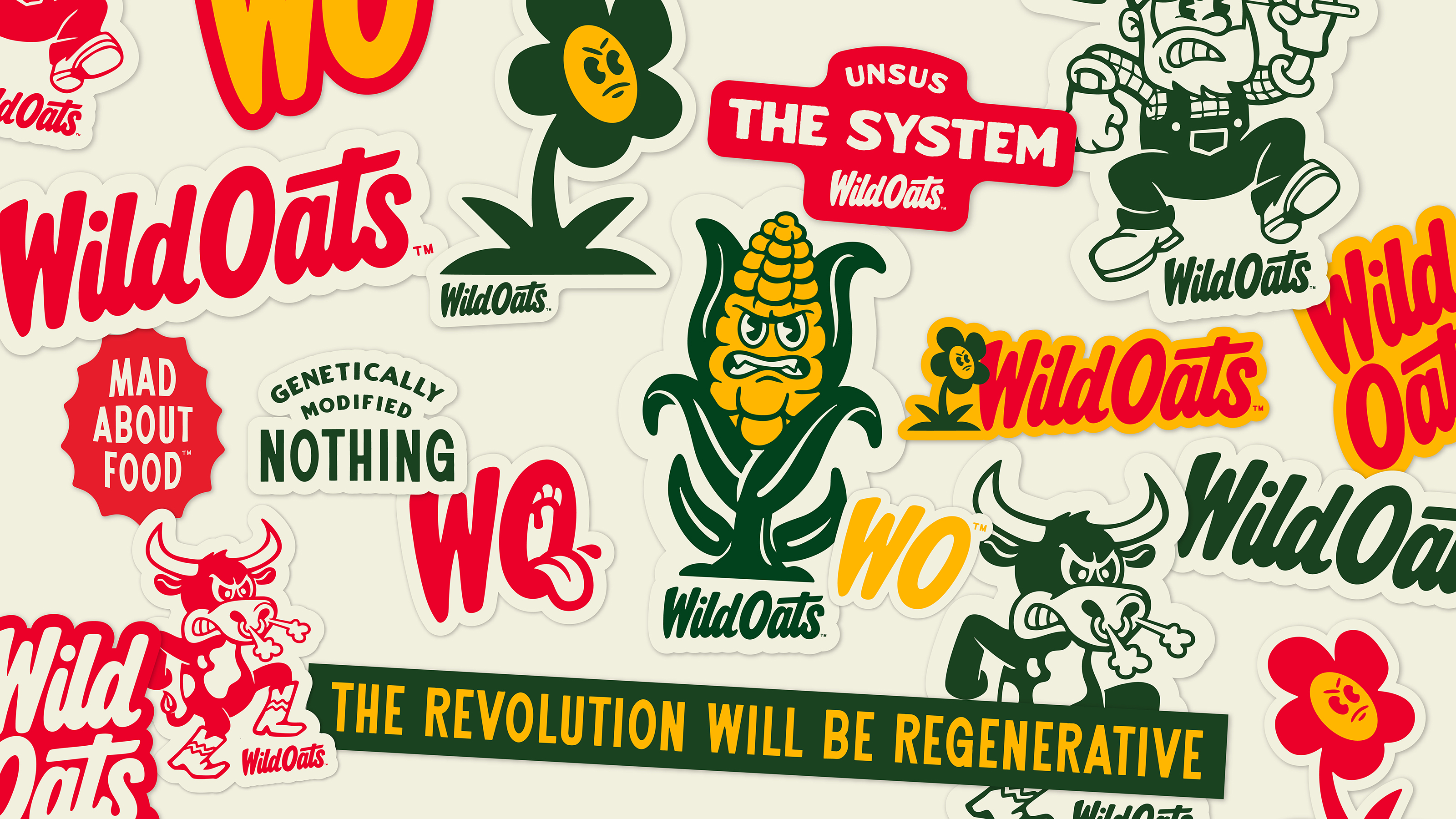 Collage of Wild Oats stickers featuring angry corn and bull characters, flowers, slogans like 'Mad About Food,' 'Genetically Modified Nothing,' 'The Revolution Will Be Regenerative,' and various Wild Oats logos in red, yellow, and green.