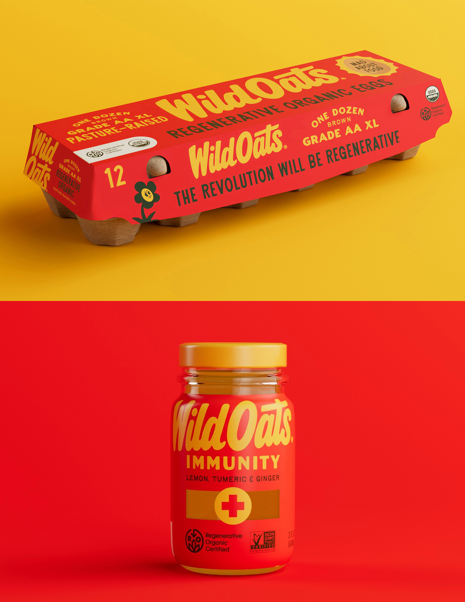 Red carton of Wild Oats regenerative organic brown eggs on yellow background and a red bottle of Wild Oats Immunity supplement with lemon, turmeric, and ginger on red background.