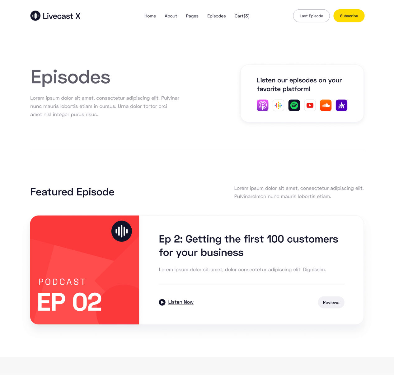 Livecast - Episodes page - Podcas Webflow Template