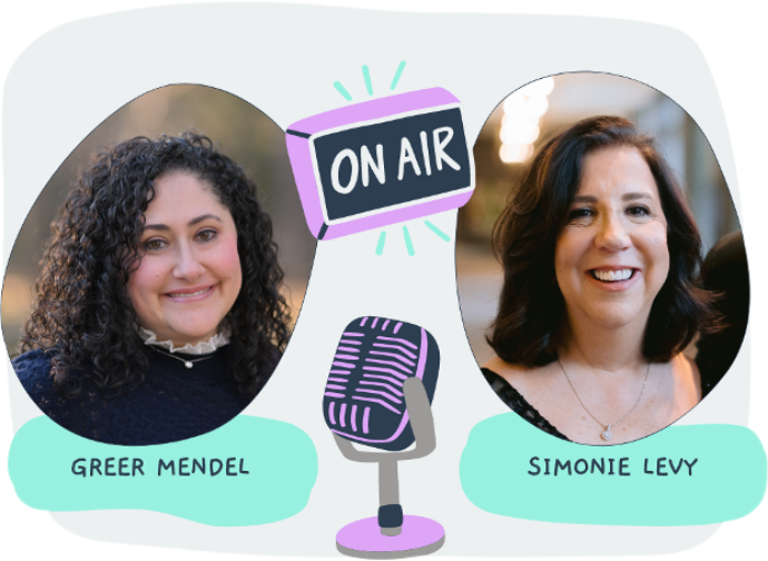 Headshots of co-hosts Greer Mendel and Simonie Levy with an "On Air" sign and a microphone.