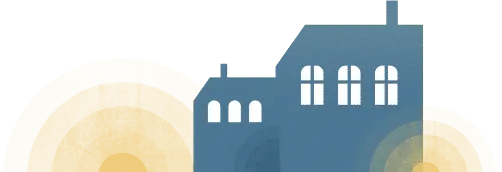 A blue and yellow building with a clock on it.