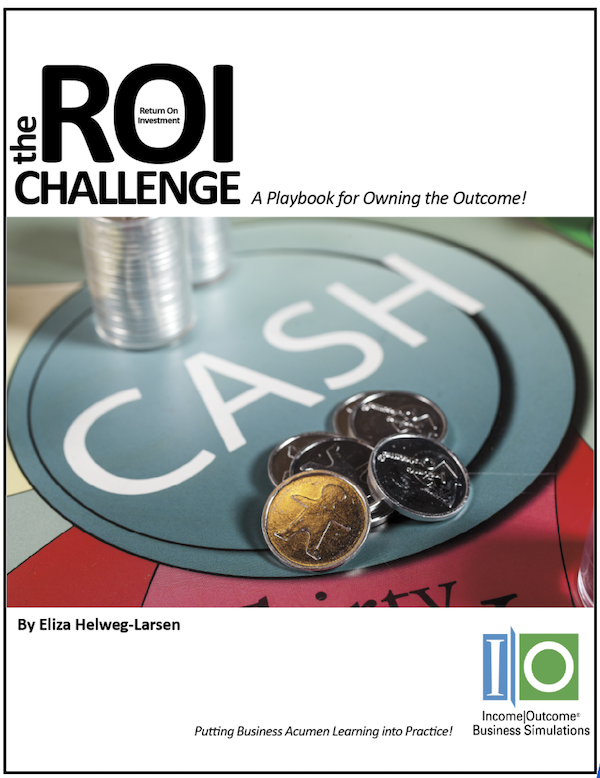 Cover of “The ROI Challenge” business acumen playbook by Andromeda Simulations. Practical guide to measuring ROI and learning impact from business simulations and corporate training programs.