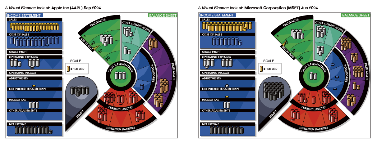Visual Finance views of real-world financial results for Apple and Microsoft.
