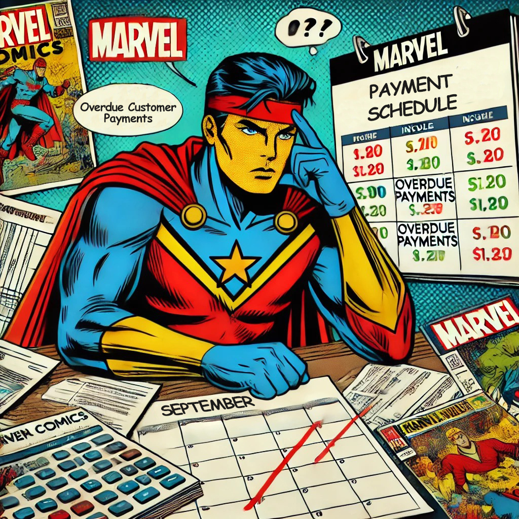 llustration representing Marvel Comics' financial struggles, showing cash flow challenges despite its strong brand and intellectual property.