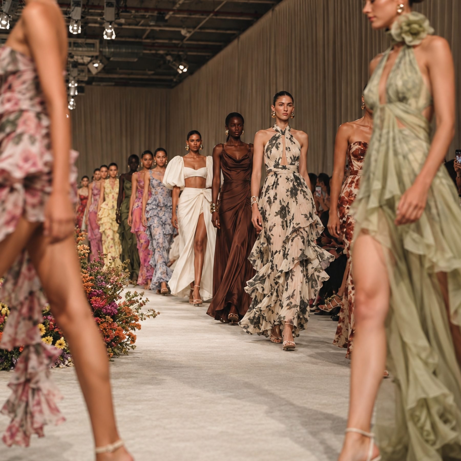 Models walking a runway in printed and floral gowns, lined with wildflowers