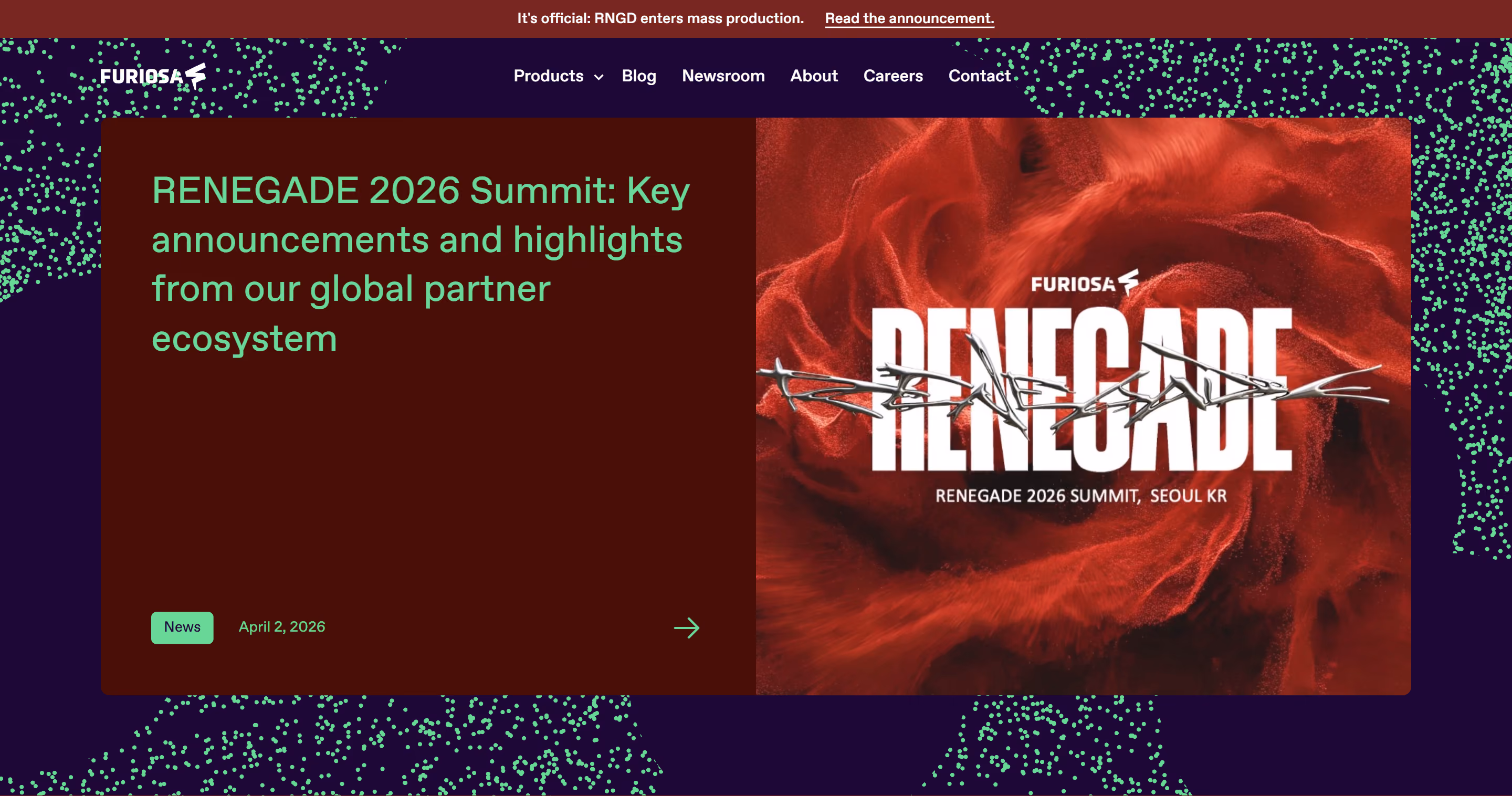 Website banner for RENEGADES 2026 Summit with text and red abstract background pattern.