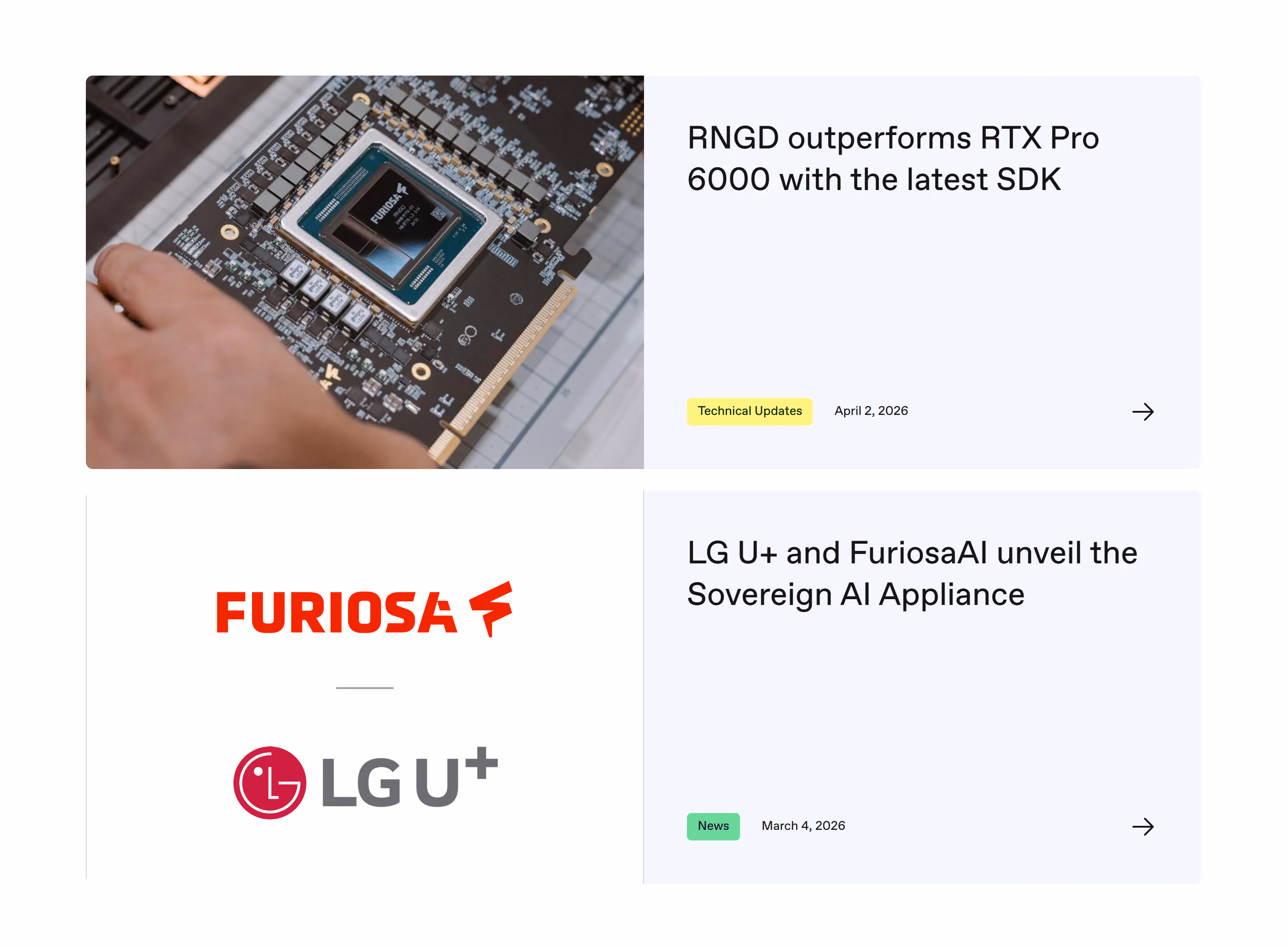 A hand holding a Furiosa chip on a circuit board; Furiosa and LG U+ logos with news headlines.